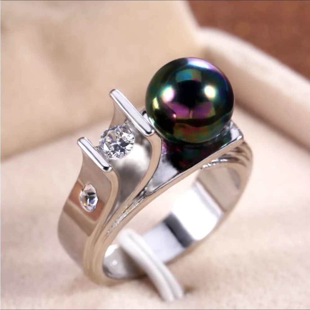 🌈 Brilliant Cut Cz Diamond & Black Rainbow Tahitian Style Pearl  Silver Ring